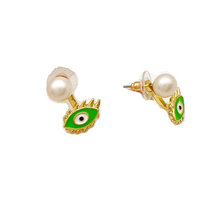 Green Evil Eye Pearl <b>Stud</b> <b>Earrings</b> Gold Plated Bezel Setting Everyday Wear Fashion Accessory - Product Image 5