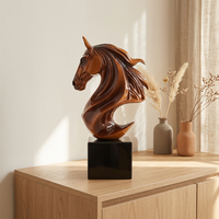 Sculpture de tête de cheval en résine marron avec base en marbre blanc brillant, artisanat moderne de luxe fait main, ornement décoratif pour la maison/le bureau, décoration d'entreprise