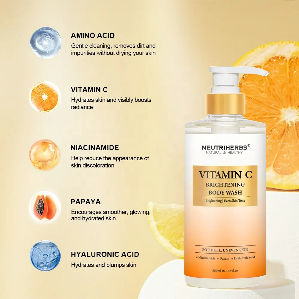 Kustom Vitamin C Vegan mencerahkan parfum bodywash grosir kulit pemutih Body Wash Gel untuk pria dan wanita