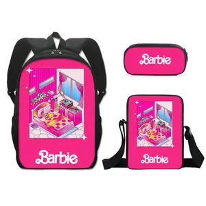 Yeni Barbie prenses okul çantası üç parçalı Barbie Polyester tek katmanlı kalem çantası küçük vücut çanta kızların sırt çantası