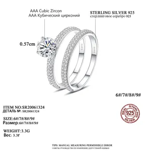 Conjunto de anel de noivado, anel de diamante banhado em prata esterlina cz, aniversário, banda de casamento, noivado