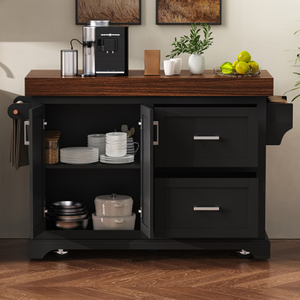 OE HOME 53" Rolling <b>Kitchen</b> Island 3.5" Thick MDF Rubber Wood Desktop Storage Cabinets Drawers Spice/Towel <b>Racks</b> 5 Wheels - Product Image 3