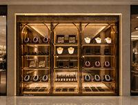 Aménagement de Kiosque Commercial Haut de Gamme en Bois sur Mesure pour Bijouterie, Design Doré, et Construction de Vitrines de Détail