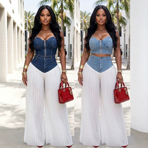 Bộ đồ nữ thời trang mùa hè: Áo <span class=keywords><strong>cami</strong></span> cổ V phối denim xếp ly và quần chiffon, phong cách châu Âu, hai mảnh - Product Image 1