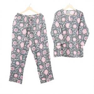 Floral Printed 2-Piece Cotton Pajama Set Full Sleeve Neck Regular Fit Adult Women <b>Loungewear</b> Summer Season Elastic Waist Soft - Product Image 1