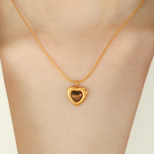 Conjunto de joyería de piedra natural con forma de corazón para mujer, con engaste de bisel, para uso diario, collar de clavícula, pendientes, tono dorado - Product Image 4