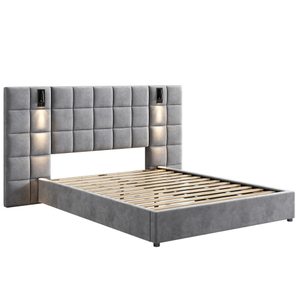 Cama Queen Tapizada en Oferta con Lámpara de Lectura, Puerto USB, Cabecera Ancha Sin Mesitas de Noche, Colchón de Terciopelo para Sala de Estar - Product Image 1