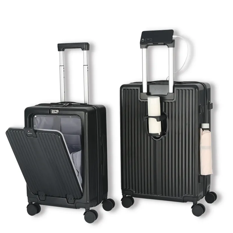 Nice Travel 2024 Factory New Design Front Opening Travelling Bags Trolley Luggage With Cup Holder and USB charging suitcase