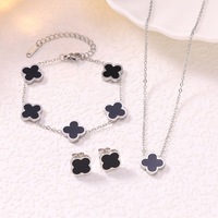 Ensemble collier, bracelet et boucles d'oreilles en acier titane poli, trèfle à quatre feuilles porte-bonheur, nacre double face, best-seller