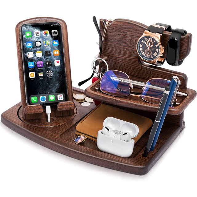 2024 Wood Rotating Swivel Phone Docking Station Ash Key Holder Wallet Stand Watch Organizer Men Husband Wife Anniversary Gift