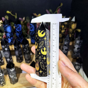 Tour de Cristal Poli Pierre de Guérison Motif Quartz Gravé Avec Soleil Lune <span class=keywords><strong>Noir</strong></span> Obsidienne Reiki Point - Product Image 4