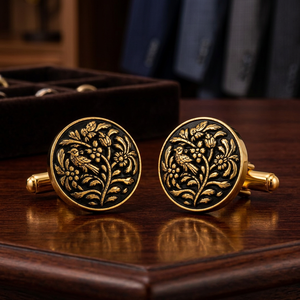 Mancuernillas de Latón Antiguo Hechas a Mano con Diseño Floral Grabado, Base Negra, Acabado en Tono Dorado, Regalo Formal para Cumpleaños o Aniversario, Unisex - Product Image 6