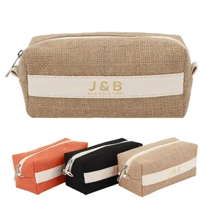 Rectangular Jute Tools Organizer Zipper Pouch Bag Logo Custom Burlap Gunny Waterproof Makeup Toiletry Bags Gift Supplier