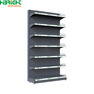 Gondole de supermarché noire perforée simple face avec rail porte-étiquette et garde-corps avant pour magasin de proximité - Product Image 4