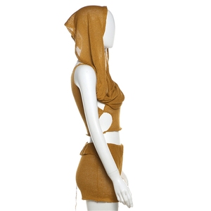 Zhezhe Nieuwe Zomer 2024 Gebreide Mouwloze Crop Top Met Capuchon En Korte Broek 2-delige Set Effen Bodycon Uitgeholde Damesset - Product Image 3