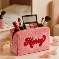 Organisateur de maquillage brodé en tissu éponge personnalisé en gros, sac à cosmétiques en velours côtelé pour mariée, pour mariage, vacances