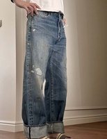 Jean vintage utilitaire pour homme de haute qualité, coupe droite, en denim selvedge, effet usé, déchiré, avec rivets et cristaux, marque privée