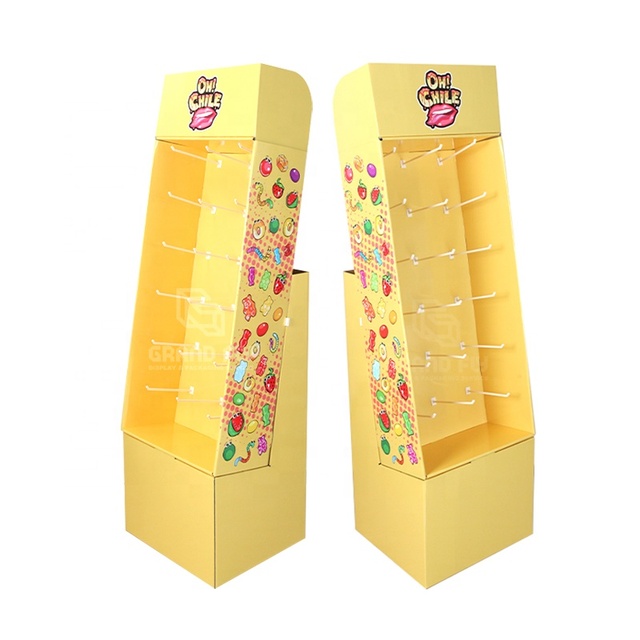 Custom Candy Power Wing Floor Cardboard Display Rack with Peg Hook Foldable POP Retail Store Corrugated Paper POS Display Shelf