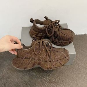 Chaussures de sport décontractées à plateforme avec lacets et strass pour femmes, couleur unie marron gris noir - Product Image 2