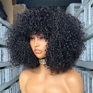 Abordable haute densité <span class=keywords><strong>Afro</strong></span> crépus bouclés perruque avec frange Non dentelle couleur naturelle vierge perruques de <span class=keywords><strong>cheveux</strong></span> humains en gros court Bob perruques - Product Image 6