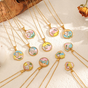 油画花卉项链女式18K镀金珐琅不锈钢长链花卉项链 - Product Image 3