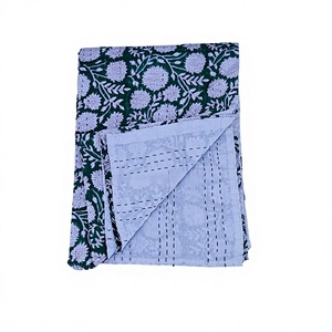 Handmade Indian Floral Kantha Quilt 100% Cotton Printed Green White Traditional Home Decor All Season Use - Product Image 1