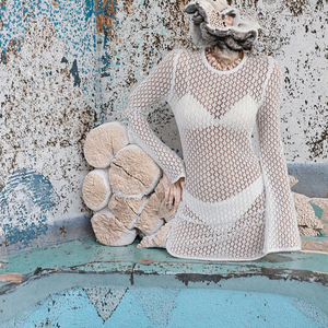 NUEVO EN STOCK Caftán de Manga Larga con Cordón Ajustable en los Laterales, Vestido de <span class=keywords><strong>Playa</strong></span> sin Espalda, Tejido de Ganchillo, Estampado, de Secado Rápido - Product Image 2