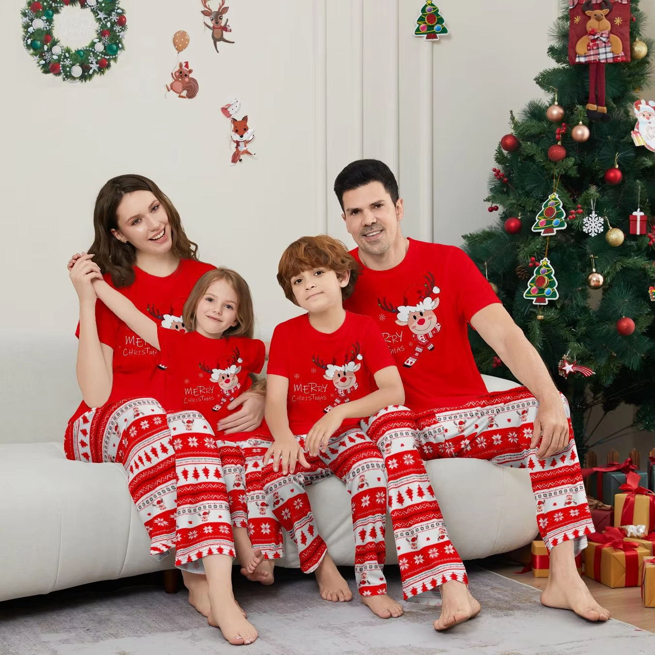 New Year's Costumes Mother Father Kids Matching Pajamas Short Sleeve  Top+Trousers Red Christmas Pyjamas Baby Boys Girls Clothing