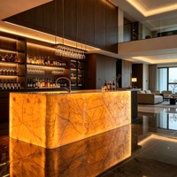 Îlot de cuisine en marbre blanc Ice Age rétroéclairé sur mesure avec évier intégré, comptoir de bar lumineux, bar de villa sur mesure, niche à vin