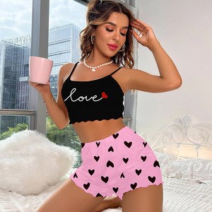 Pijamas de mujer Stretch Spaghetti Strap Milk Silk Full Printed Suspender Shorts Traje de talla grande Pijamas conjuntos de ropa de dormir - Product Image 2