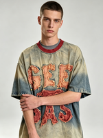 T-shirt Homme Vintage Oversize Délavé Dégradé avec Lettres Brodées Effet Vieilli et Col Rond Côtelé Rouge Contrastant, Motif Étoile
