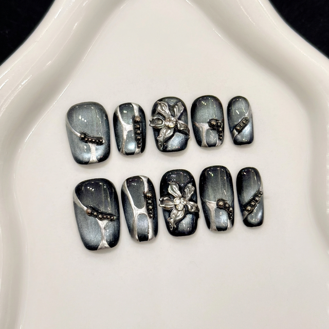 Handmade Luxury Press on Nails 3D Flower Cat Eye Nails 10pcs Set Private Label Wholesale Reusable Coffin Salon Grade 2026