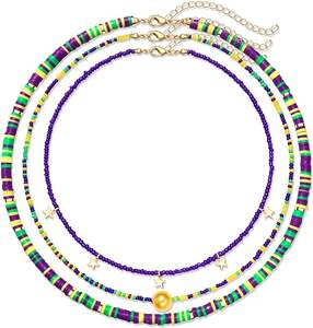 Collier ras du cou Mardi Gras avec perles en forme d'étoile en perles de polymère, chaîne de cou, collier multi-rangs, pendentif, bijoux de mode - Product Image 1