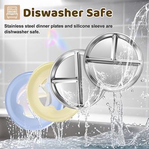 Assiettes pour enfants en acier inoxydable Assiettes divisées avec manchons en silicone Assiette à collation <span class=keywords><strong>incassable</strong></span> non toxique allant au lave-vaisselle - Product Image 3
