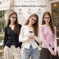 Cardigan côtelé classique pour femme VEGA CHANG, col en V cranté, fermeture boutonnée intégrale, coupe ajustée, rayures verticales, matière douce et agréable pour la peau