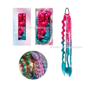 Shinein 24in Handmade Synthetic Unicorn Color Bubble Braided Ponytail Ombre Hair Extensions Cosplay Kinky Straight Stick
