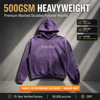 Luxuriöser 500gsm Schwergewicht-Hoodie für Herren in Lila, Sonnengebleicht mit Nieten, Streetwear Vintage Used-Look mit Individuellem Logo und Eigenem Label