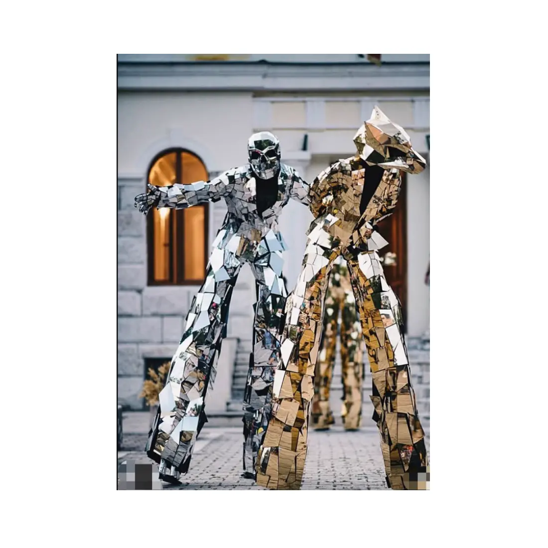 Karnaval Parade performans gümüş altın ayna adam Stilt kostümleri/kostümleri göstermek için 1 parça setleri Cosplay yetişkinler kadınlar