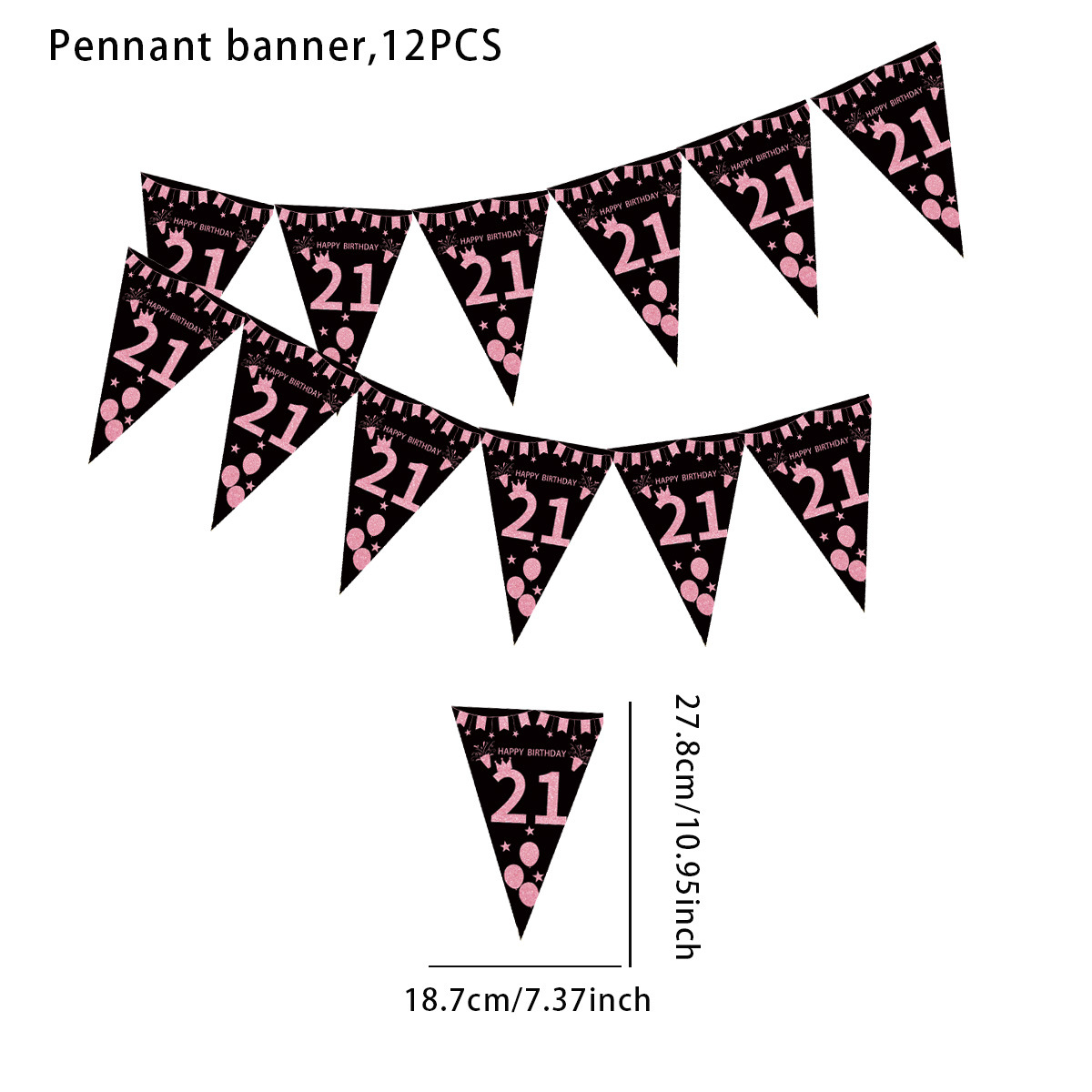 Banderines triangulares, 12 unidades - negro y rosa - 21 años.