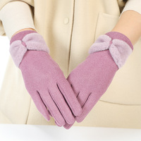 Gants doublés en polaire pour femmes, avec nœud en peluche, compatibles écran tactile, couleur unie, doux et chauds, pour l'hiver, le cyclisme en extérieur, résistants au froid, mitaines tendance