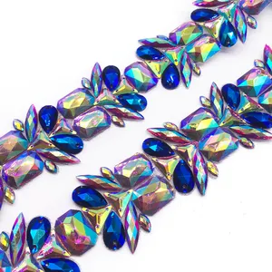 New design gel-back gemstone chain trim factory cheap price iron on rhinestone applique trimming for Carnival Band Launch Party