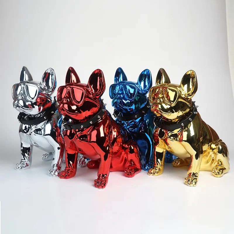 Özel renk ev dekorasyon geometrik fransız bulldog reçine, modern hayvan heykelcik soyut fransız Sunglass bulldog heykel