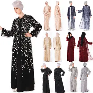 Vestido Abaya islámico de malla con lentejuelas para mujer, cárdigan bordado, Abayas, Dubai, novedad