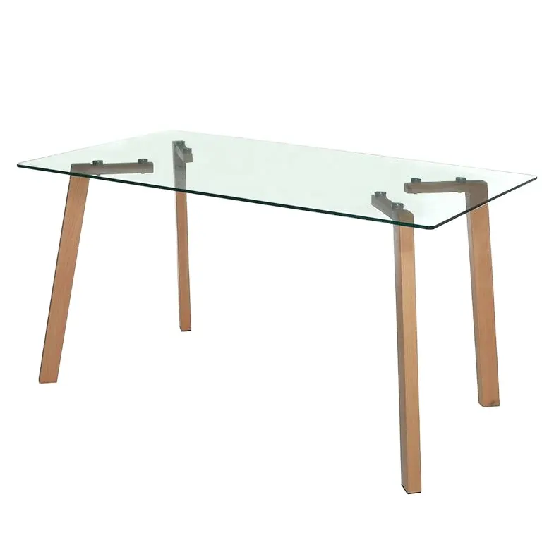 DLT-G014 Bonne qualité Meubles Dîner Table en verre simplicité table à manger Plateau en verre épais pieds en bois