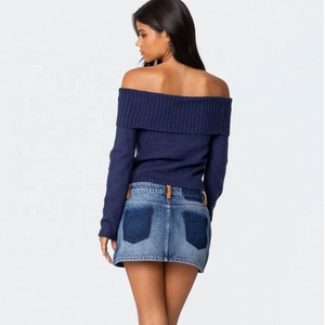 Pull en tricot à manches longues et épaules dénudées élégant et tendance pour femmes, haut uni pour l'automne et l'hiver, nouveau style, hauts en <span class=keywords><strong>crochet</strong></span> - Product Image 2