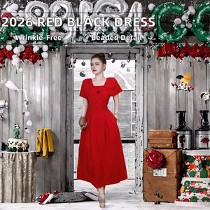 High Quality New Party <strong>Red</strong> <strong>Black</strong> Empire A-Line Polyester 2026 Spring Women Sexy Square Collar Beading Pocket Patchwork Midi <strong>Gown</strong> - Product Image 2