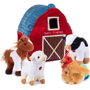 批发可爱动物农场玩具男孩和女孩谷仓房子的独特礼物和四个软毛绒动物毛绒玩具套装