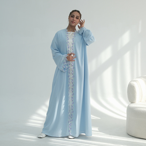 Mexizo Nouvelle Collection 2025 Élégant Cardigan Vert Sauge Brodé Ample Cardigan Bleu Ciel avec Bordure Florale en Dentelle <span class=keywords><strong>Abaya</strong></span> - Product Image 2