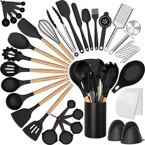 Nhà Máy bán hàng trực tiếp bền Bếp Nấu Ăn Tool Set Silicone đồ dùng nhà bếp Set với tay cầm bằng gỗ