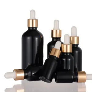 5ml 10ml 15ml 30ml 50ml 100ml Cosmetic Glass Packaging Black Essential Oil Empty Bottle Dropper With Golden Dropper